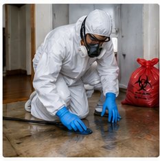 Cleanup professional wearing protective equipment during a careful cleanup